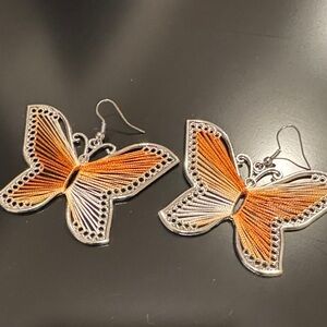 Orange and Silver Butterfly Earrings